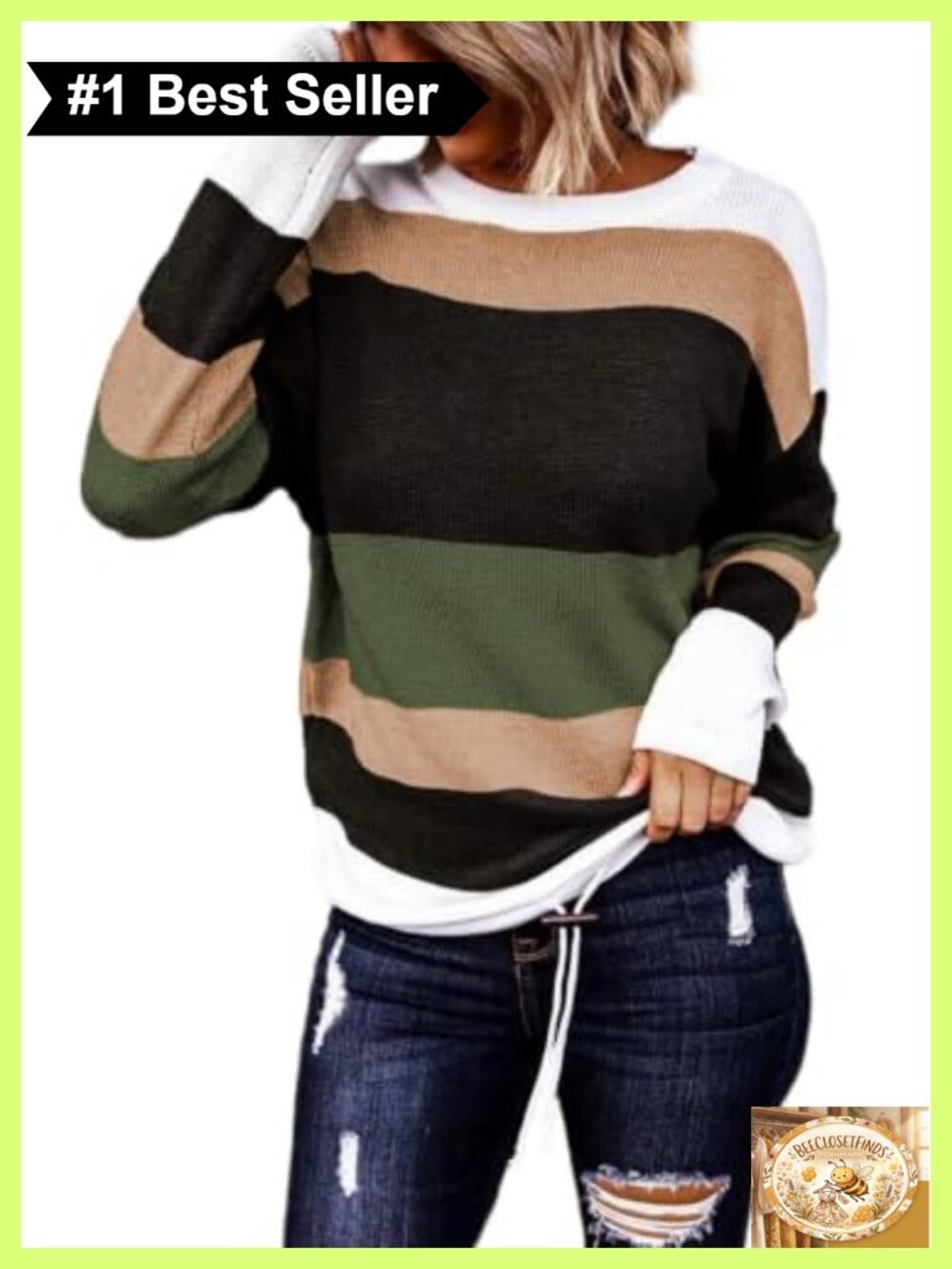 Womens Color Block Striped Sweater Crewneck Pullover Drawstring Hem